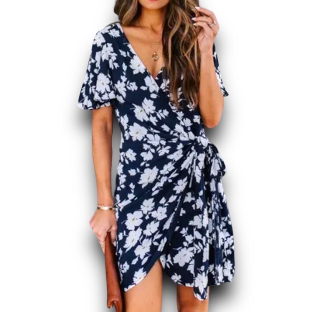 Blue Floral Wrap Mini Dress Vneck Short Sleeve Spring Summer Size Medium